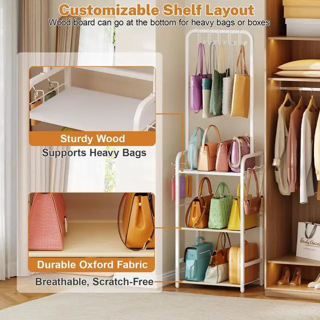 Alt view image 3 of 7 - Tall Purse Organizer for Closet with 5 Purse Hanger & 6 Side Hooks, 4 Tier Floor-Standing Purse Rack Stand for Purse Storage, Narrow & High-Capacity Handbag Organizer, Backpack Storage for Small Place