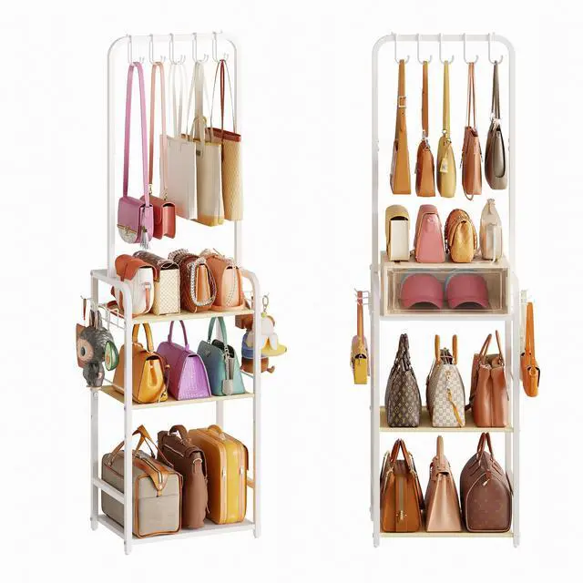 Main image of Tall Purse Organizer for Closet with 5 Purse Hanger & 6 Side Hooks, 4 Tier Floor-Standing Purse Rack Stand for Purse Storage, Narrow & High-Capacity Handbag Organizer, Backpack Storage for Small Place