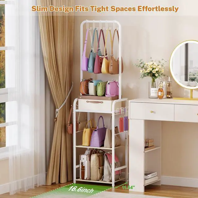 Alt view image 2 of 7 - Tall Purse Organizer for Closet with 5 Purse Hanger & 6 Side Hooks, 4 Tier Floor-Standing Purse Rack Stand for Purse Storage, Narrow & High-Capacity Handbag Organizer, Backpack Storage for Small Place