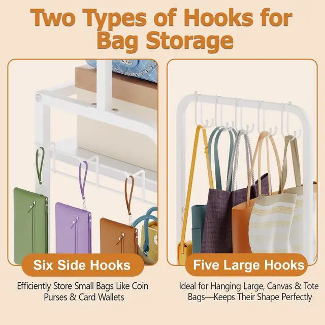 Alt view image 6 of 7 - Tall Purse Organizer for Closet with 5 Purse Hanger & 6 Side Hooks, 4 Tier Floor-Standing Purse Rack Stand for Purse Storage, Narrow & High-Capacity Handbag Organizer, Backpack Storage for Small Place