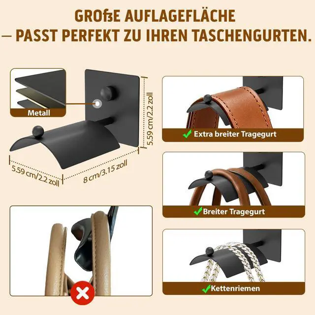 Alt view image 2 of 7 - Wall Mounted Purse Organizer for Closet Arc Handbag Holder Protects Handles & Saves Space, Adhesive or Screw Mount, Purse Hanger for Bedroom, Entryway, Office & Closet Storage / Organization, Black