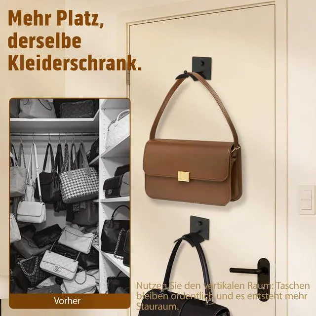 Alt view image 4 of 7 - Wall Mounted Purse Organizer for Closet Arc Handbag Holder Protects Handles & Saves Space, Adhesive or Screw Mount, Purse Hanger for Bedroom, Entryway, Office & Closet Storage / Organization, Black