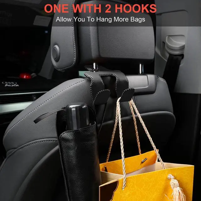 Alt view image 3 of 7 - 2021 Upgraded Car Purse Hook, 2 in 1 Car Seat Headrest Hooks Durable Hanger Storage Holder Leather Organizer for Hanging Grocery Bags, 2 Pack, Beige