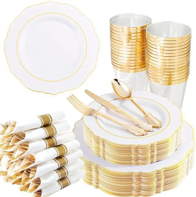 Main image of 350PCS Gold Plastic Plates-Disposable White and Gold Plates 50guest Baroque Plastic Dinnerware include 100Plates, 50Pack Pre Rolled Napkins with Silverware 50Cups for Wedding & Party