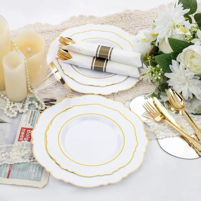 Alt view image 5 of 7 - 350PCS Gold Plastic Plates-Disposable White and Gold Plates 50guest Baroque Plastic Dinnerware include 100Plates, 50Pack Pre Rolled Napkins with Silverware 50Cups for Wedding & Party