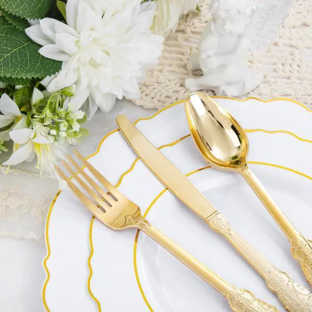 Alt view image 2 of 7 - 350PCS Gold Plastic Plates-Disposable White and Gold Plates 50guest Baroque Plastic Dinnerware include 100Plates, 50Pack Pre Rolled Napkins with Silverware 50Cups for Wedding & Party