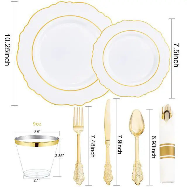 Alt view image 6 of 7 - 350PCS Gold Plastic Plates-Disposable White and Gold Plates 50guest Baroque Plastic Dinnerware include 100Plates, 50Pack Pre Rolled Napkins with Silverware 50Cups for Wedding & Party