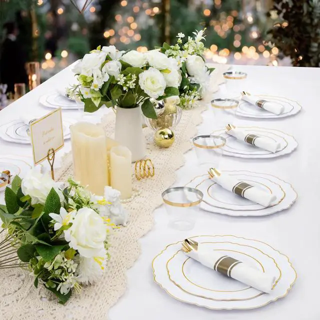 Alt view image 4 of 7 - 350PCS Gold Plastic Plates-Disposable White and Gold Plates 50guest Baroque Plastic Dinnerware include 100Plates, 50Pack Pre Rolled Napkins with Silverware 50Cups for Wedding & Party