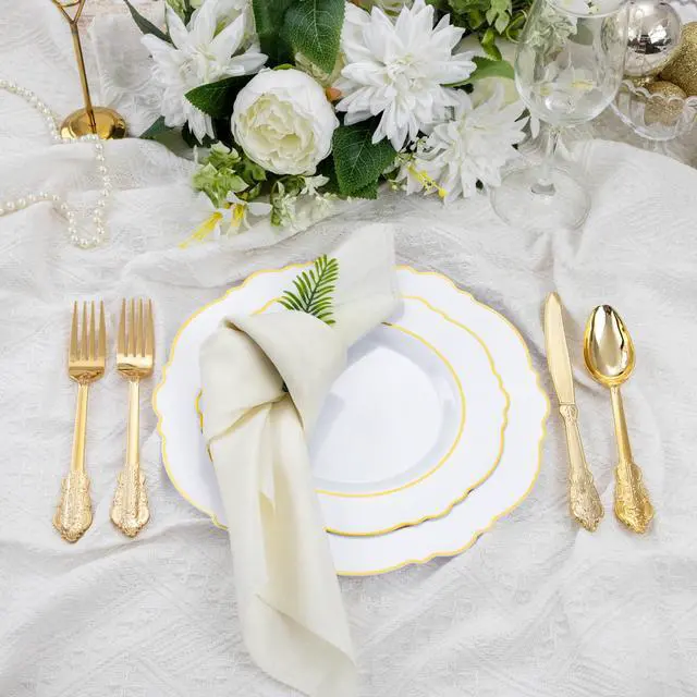 Alt view image 3 of 7 - 350PCS Gold Plastic Plates-Disposable White and Gold Plates 50guest Baroque Plastic Dinnerware include 100Plates, 50Pack Pre Rolled Napkins with Silverware 50Cups for Wedding & Party