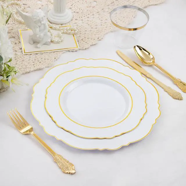 Alt view image 7 of 7 - 350PCS Gold Plastic Plates-Disposable White and Gold Plates 50guest Baroque Plastic Dinnerware include 100Plates, 50Pack Pre Rolled Napkins with Silverware 50Cups for Wedding & Party