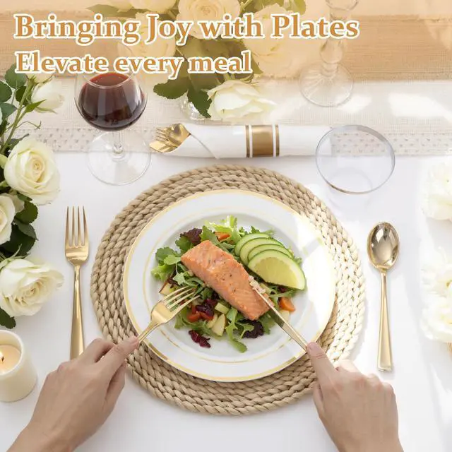 Alt view image 3 of 7 - 350Piece Gold Dinnerware Set for 50 Guests - Gold Plastic Plates with Disposable Cutlery - 50Dinner Plates-50Dessert Plates-50Pre Rolled Napkins with Silverware for Wedding/Birthday