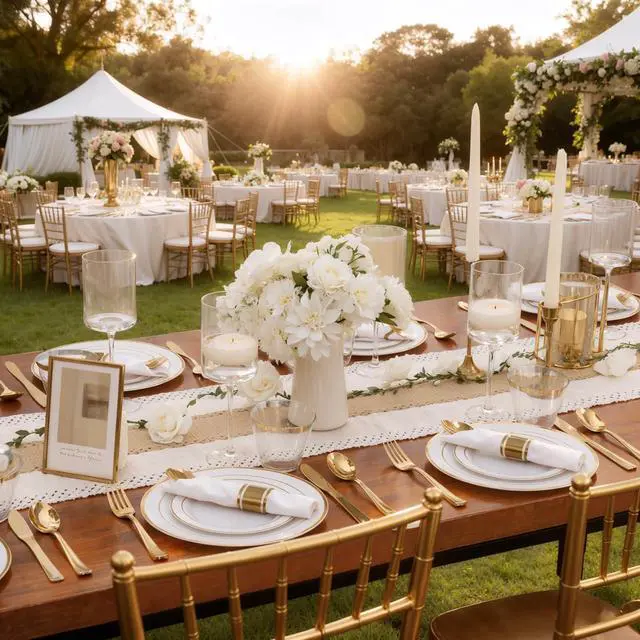 Alt view image 4 of 7 - 350Piece Gold Dinnerware Set for 50 Guests - Gold Plastic Plates with Disposable Cutlery - 50Dinner Plates-50Dessert Plates-50Pre Rolled Napkins with Silverware for Wedding/Birthday