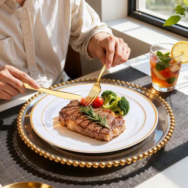 Alt view image 2 of 7 - 350Piece Gold Dinnerware Set for 50 Guests - Gold Plastic Plates with Disposable Cutlery - 50Dinner Plates-50Dessert Plates-50Pre Rolled Napkins with Silverware for Wedding/Birthday