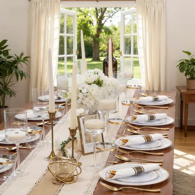 Alt view image 5 of 7 - 350Piece Gold Dinnerware Set for 50 Guests - Gold Plastic Plates with Disposable Cutlery - 50Dinner Plates-50Dessert Plates-50Pre Rolled Napkins with Silverware for Wedding/Birthday