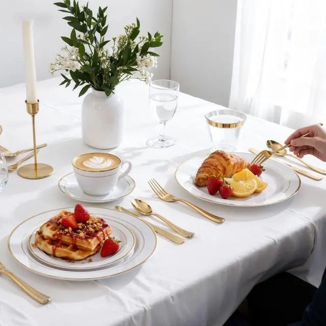 Alt view image 7 of 7 - 350Piece Gold Dinnerware Set for 50 Guests - Gold Plastic Plates with Disposable Cutlery - 50Dinner Plates-50Dessert Plates-50Pre Rolled Napkins with Silverware for Wedding/Birthday