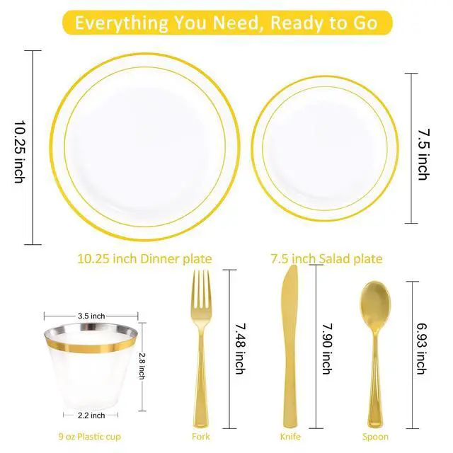 Alt view image 2 of 7 - 350-Piece Gold Disposable Plates and Cutlery Set - Premium 10.25" Dinner Plates, 7.5" Dessert Plates, 9oz Cups & Cutlery for Weddings, Catering Events - 50 Guest Service - Elegant & Sturdy