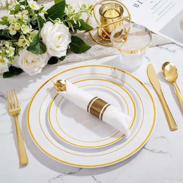 Alt view image 3 of 7 - 350-Piece Gold Disposable Plates and Cutlery Set - Premium 10.25" Dinner Plates, 7.5" Dessert Plates, 9oz Cups & Cutlery for Weddings, Catering Events - 50 Guest Service - Elegant & Sturdy