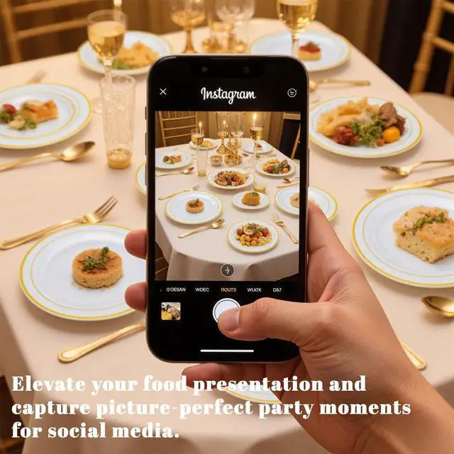 Alt view image 5 of 7 - 350-Piece Gold Disposable Plates and Cutlery Set - Premium 10.25" Dinner Plates, 7.5" Dessert Plates, 9oz Cups & Cutlery for Weddings, Catering Events - 50 Guest Service - Elegant & Sturdy