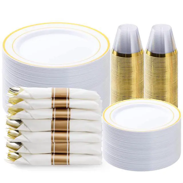 Main image of 350PCS Gold Plastic Dinnerware Set, Disposable Party Plates for 50 Guests, Include: 100 Plastic Plates, 50 Pre Rolled Napkins with Gold Silverware, 50 Cups