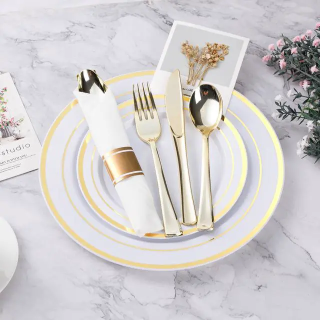 Alt view image 2 of 6 - 350PCS Gold Plastic Dinnerware Set, Disposable Party Plates for 50 Guests, Include: 100 Plastic Plates, 50 Pre Rolled Napkins with Gold Silverware, 50 Cups
