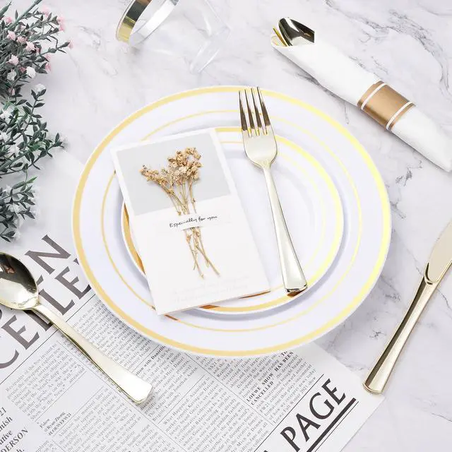 Alt view image 5 of 6 - 350PCS Gold Plastic Dinnerware Set, Disposable Party Plates for 50 Guests, Include: 100 Plastic Plates, 50 Pre Rolled Napkins with Gold Silverware, 50 Cups