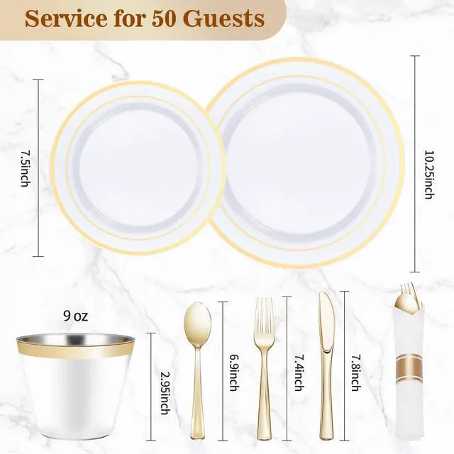 Alt view image 4 of 6 - 350PCS Gold Plastic Dinnerware Set, Disposable Party Plates for 50 Guests, Include: 100 Plastic Plates, 50 Pre Rolled Napkins with Gold Silverware, 50 Cups
