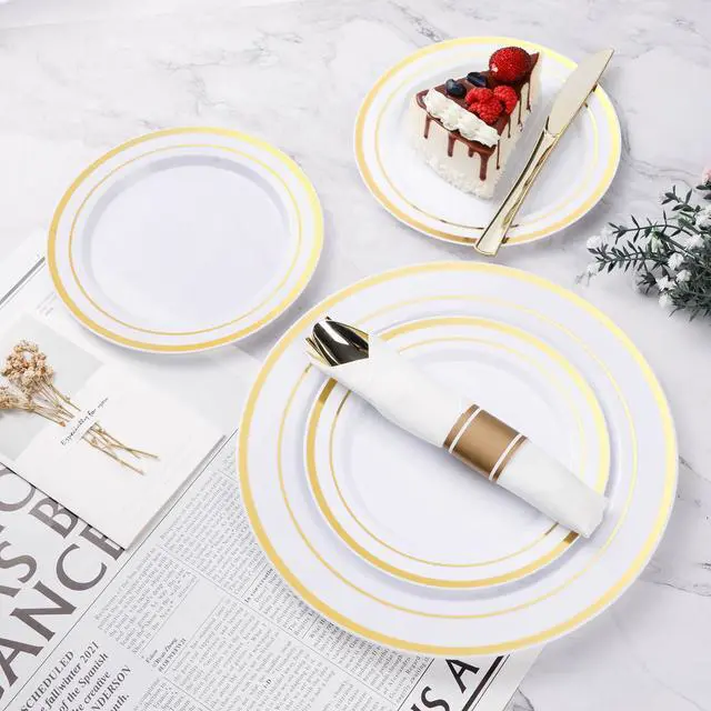 Alt view image 3 of 6 - 350PCS Gold Plastic Dinnerware Set, Disposable Party Plates for 50 Guests, Include: 100 Plastic Plates, 50 Pre Rolled Napkins with Gold Silverware, 50 Cups