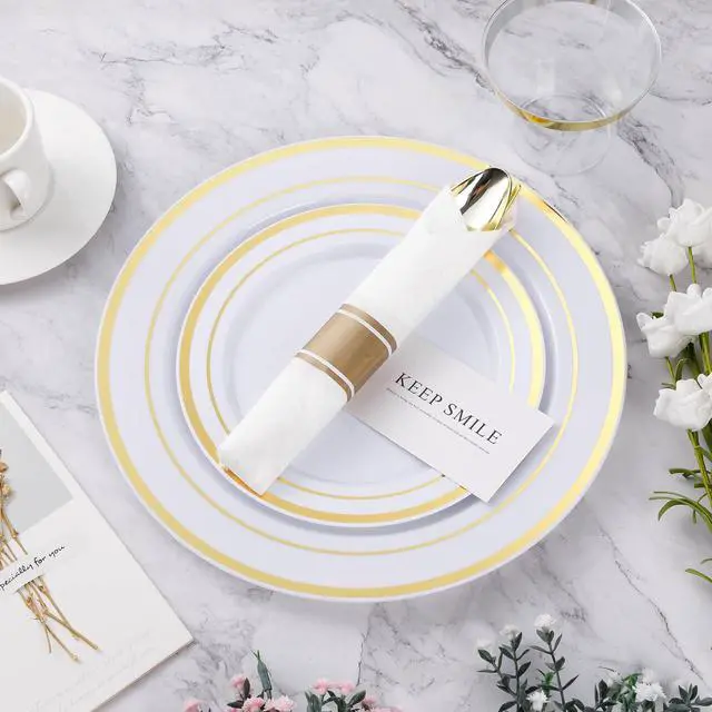 Alt view image 6 of 6 - 350PCS Gold Plastic Dinnerware Set, Disposable Party Plates for 50 Guests, Include: 100 Plastic Plates, 50 Pre Rolled Napkins with Gold Silverware, 50 Cups