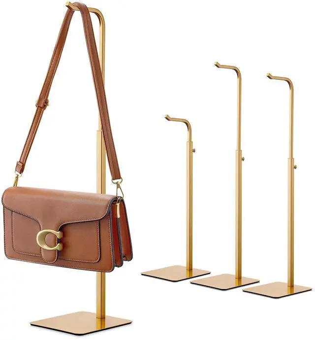 Main image of 4 Pack Adjustable Purse Holder: Handbag Display Stand, Hanger Rack for Bags, Purses and Wreaths, Tabletop Closet Desk Retail Vendor Display Stand, Gold