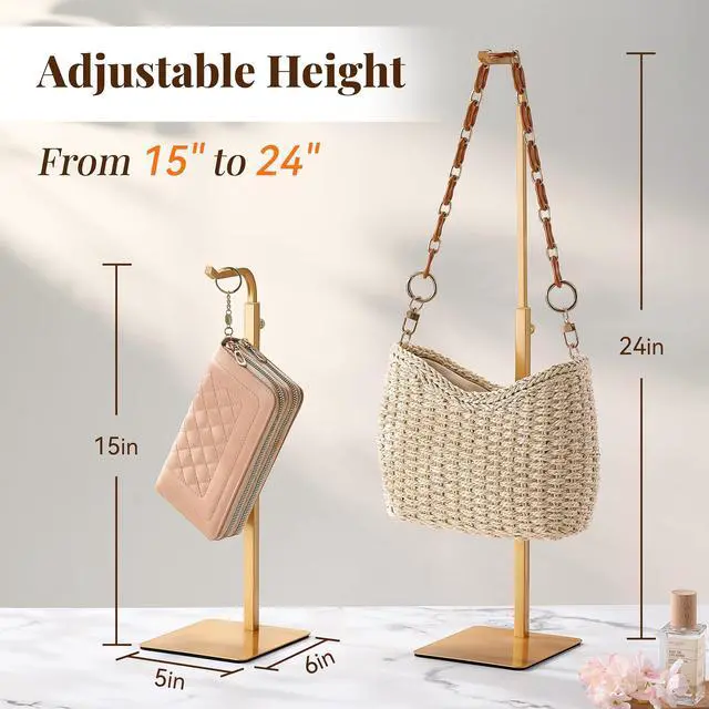 Alt view image 2 of 7 - 4 Pack Adjustable Purse Holder: Handbag Display Stand, Hanger Rack for Bags, Purses and Wreaths, Tabletop Closet Desk Retail Vendor Display Stand, Gold