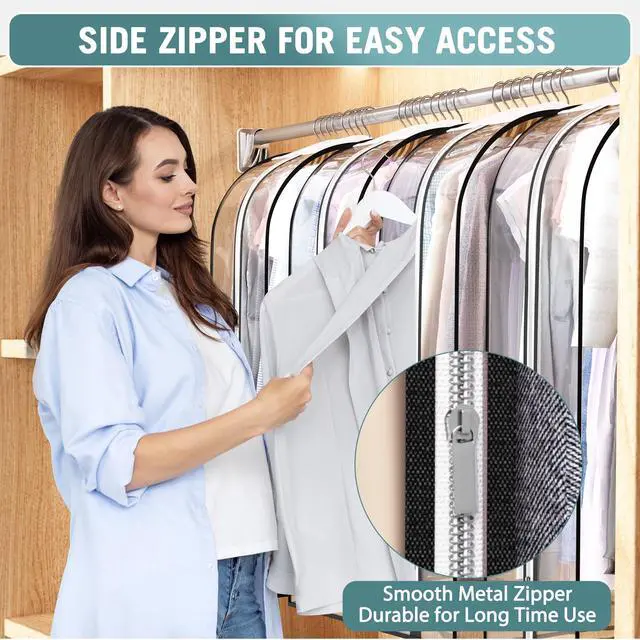 Alt view image 3 of 7 - Clear Garment Bag for Hanging Clothes 10 Gusseted, 50 Suit Bags for Open Closet Storage Plastic Clothes Cover for Coat, Dress, Shirts, Fur, Jacket, Wardrobe Protectors, 4 Pack