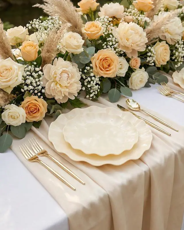 Alt view image 6 of 7 - 24 Pcs Plastic Plates Reusable,Unbreakable Dinner Plates, Scalloped Plastic Plates, Dishwasher Safe,Ivory Plate Sets Perfect for Parties, Birthday, Picnics, BPA Free(12Guests)