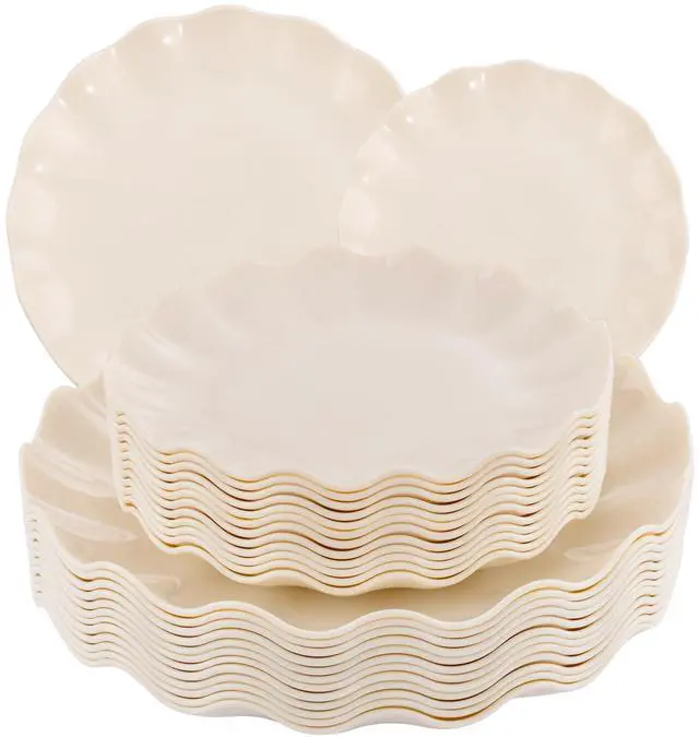 Main image of 24 Pcs Plastic Plates Reusable,Unbreakable Dinner Plates, Scalloped Plastic Plates, Dishwasher Safe,Ivory Plate Sets Perfect for Parties, Birthday, Picnics, BPA Free(12Guests)