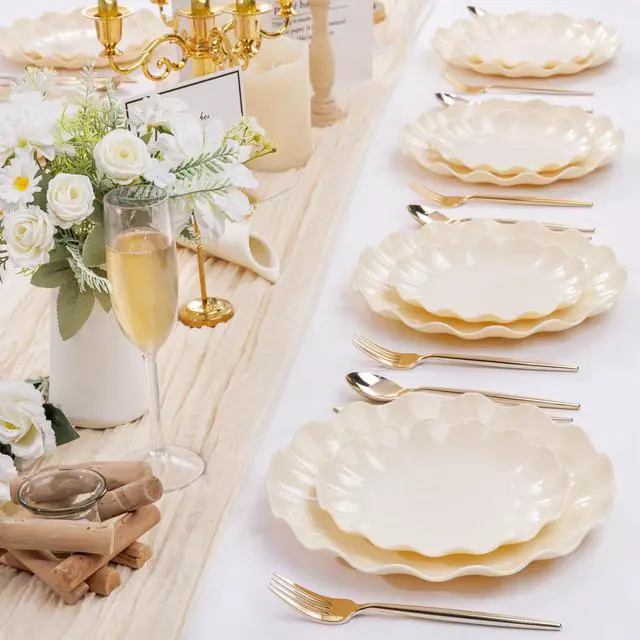 Alt view image 7 of 7 - 24 Pcs Plastic Plates Reusable,Unbreakable Dinner Plates, Scalloped Plastic Plates, Dishwasher Safe,Ivory Plate Sets Perfect for Parties, Birthday, Picnics, BPA Free(12Guests)