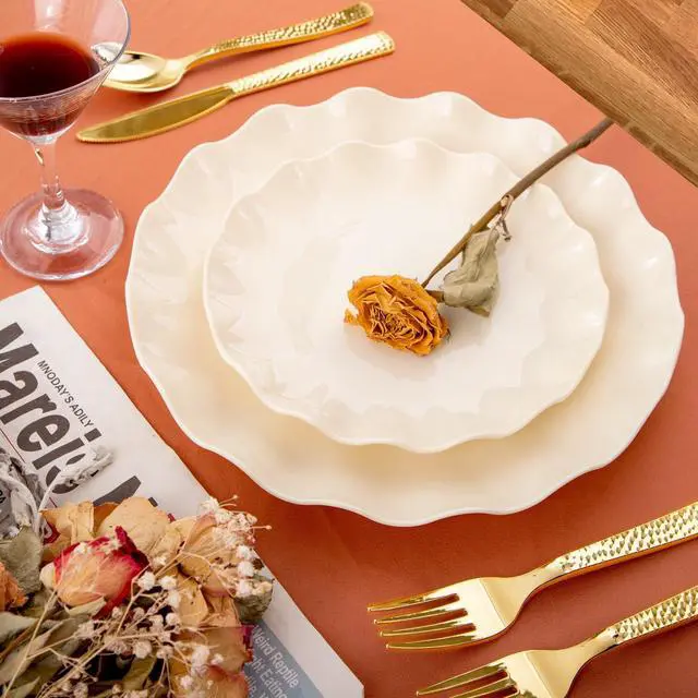 Alt view image 2 of 7 - 24 Pcs Plastic Plates Reusable,Unbreakable Dinner Plates, Scalloped Plastic Plates, Dishwasher Safe,Ivory Plate Sets Perfect for Parties, Birthday, Picnics, BPA Free(12Guests)