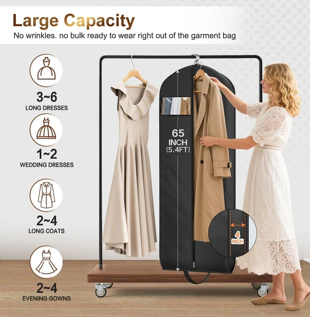 Alt view image 3 of 7 - 65" Long Garment Bags for Travel for Women 4" Gusseted Dress Bags for Gowns Waterproof Dress Protector Bag for Closet Storage Clothing Covers for Hanging Clothes Wedding Dresses Storage