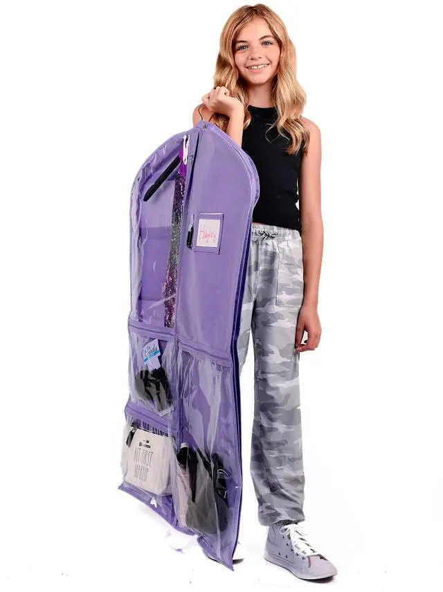 Main image of Waterproof Hanging Garment Bag 40 inch Clothes Bag with Gusset, 5 Pockets & Side Zip for Dance Costumes, Sports, Skating, Theatre, Beauty Pageants & More by Kendall Country, Lavender Purple