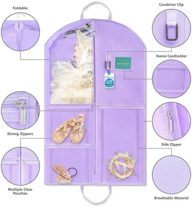 Alt view image 3 of 7 - Waterproof Hanging Garment Bag 40 inch Clothes Bag with Gusset, 5 Pockets & Side Zip for Dance Costumes, Sports, Skating, Theatre, Beauty Pageants & More by Kendall Country, Lavender Purple