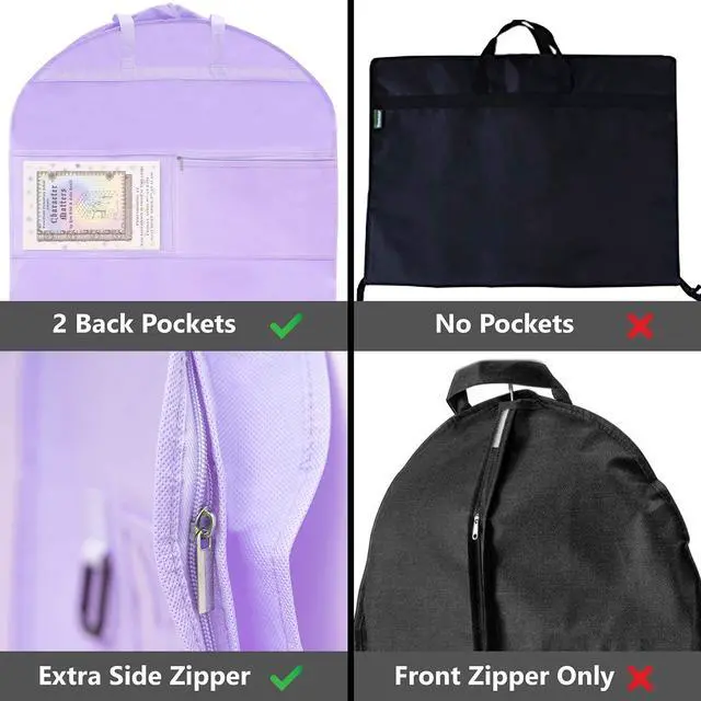 Alt view image 4 of 7 - Waterproof Hanging Garment Bag 40 inch Clothes Bag with Gusset, 5 Pockets & Side Zip for Dance Costumes, Sports, Skating, Theatre, Beauty Pageants & More by Kendall Country, Lavender Purple