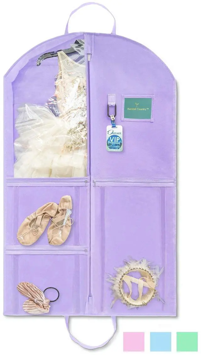 Alt view image 7 of 7 - Waterproof Hanging Garment Bag 40 inch Clothes Bag with Gusset, 5 Pockets & Side Zip for Dance Costumes, Sports, Skating, Theatre, Beauty Pageants & More by Kendall Country, Lavender Purple