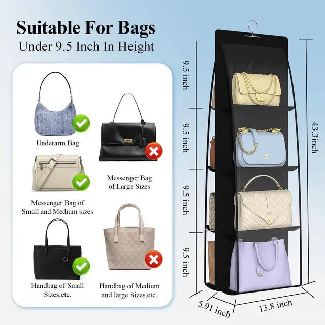 Alt view image 2 of 7 - 2 Packs 8 Pockets Black Handbag Hanging Purse Organizer for Closet, Purse Storage, Purse Hanger and Handbag Organizer for Space Saving