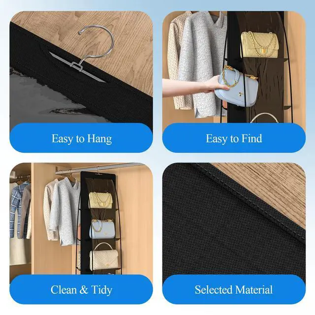 Alt view image 4 of 7 - 2 Packs 8 Pockets Black Handbag Hanging Purse Organizer for Closet, Purse Storage, Purse Hanger and Handbag Organizer for Space Saving