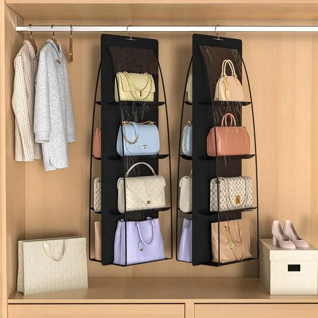 Alt view image 5 of 7 - 2 Packs 8 Pockets Black Handbag Hanging Purse Organizer for Closet, Purse Storage, Purse Hanger and Handbag Organizer for Space Saving