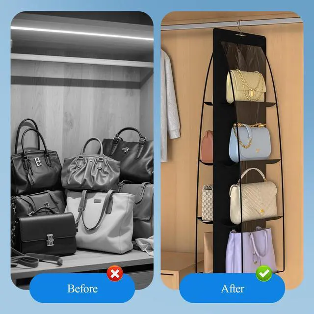 Alt view image 6 of 7 - 2 Packs 8 Pockets Black Handbag Hanging Purse Organizer for Closet, Purse Storage, Purse Hanger and Handbag Organizer for Space Saving