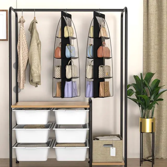 Alt view image 7 of 7 - 2 Packs 8 Pockets Black Handbag Hanging Purse Organizer for Closet, Purse Storage, Purse Hanger and Handbag Organizer for Space Saving