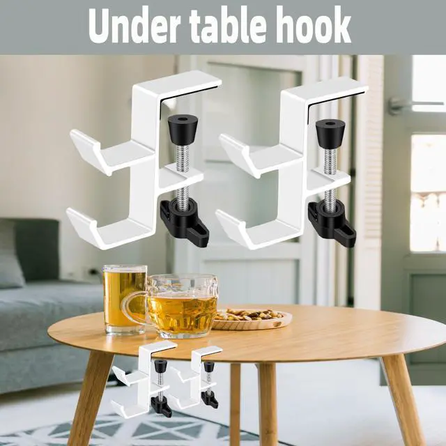 Alt view image 5 of 7 - Desktop Hook Under-Table Handbag Hanger Wallet Hook Simple for Holiday Decoration Desktop Backpack Rack Headphone Hanger 2-Piece Pack Double Hook (4-Piece White)