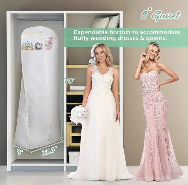 Alt view image 3 of 7 - 70" Bridal Wedding Gown Dress Garment Bag with Accessories Pouch Large Travel Garment Cover 8" Gusset (White)
