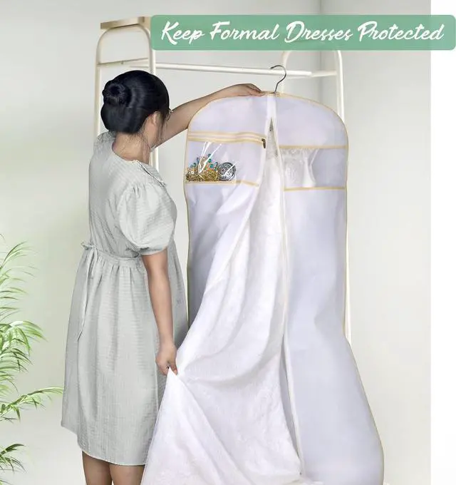 Alt view image 6 of 7 - 70" Bridal Wedding Gown Dress Garment Bag with Accessories Pouch Large Travel Garment Cover 8" Gusset (White)