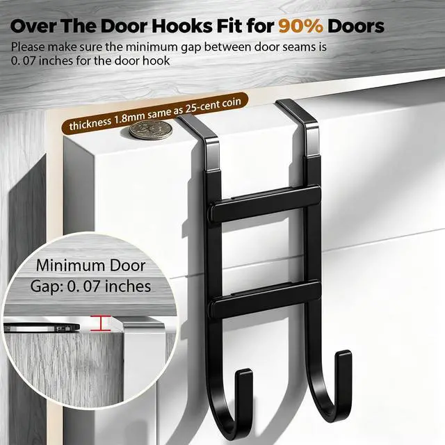 Alt view image 2 of 7 - Over-the-Door Hooks, 2 Pack Heavy Duty Door Hanger with Anti-Scratch Rubber for Hanging Coat, Towel, Bag, Fits 1-3/8" Interior Doors, Ideal for Bathroom, Living Room and Kitchen, Black