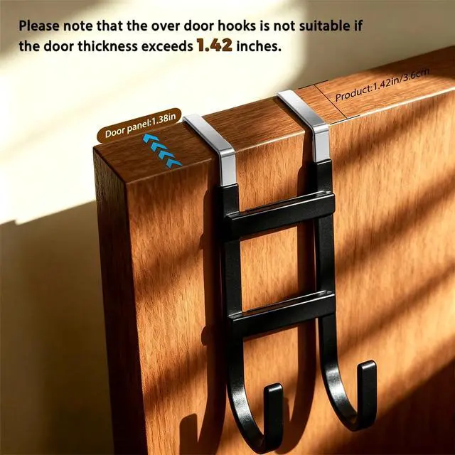 Alt view image 3 of 7 - Over-the-Door Hooks, 2 Pack Heavy Duty Door Hanger with Anti-Scratch Rubber for Hanging Coat, Towel, Bag, Fits 1-3/8" Interior Doors, Ideal for Bathroom, Living Room and Kitchen, Black